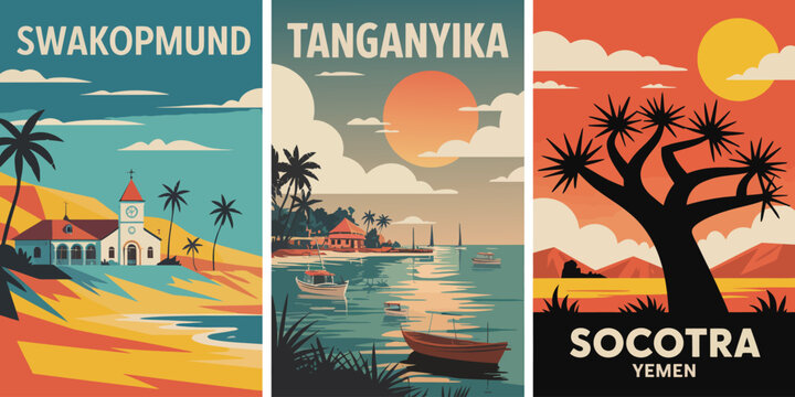 Swakopmund Beach Travel Poster, coastal Namibia scene, white church architecture, retro beach illustration