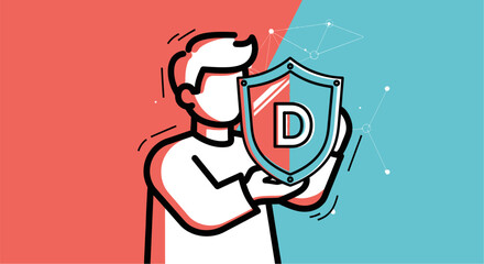 A person holding a shield with the letter D, symbolizing protection or data security, against a split red and blue background with abstract digital elements.