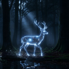 A luminous stag composed of stars stands in a dark misty forest