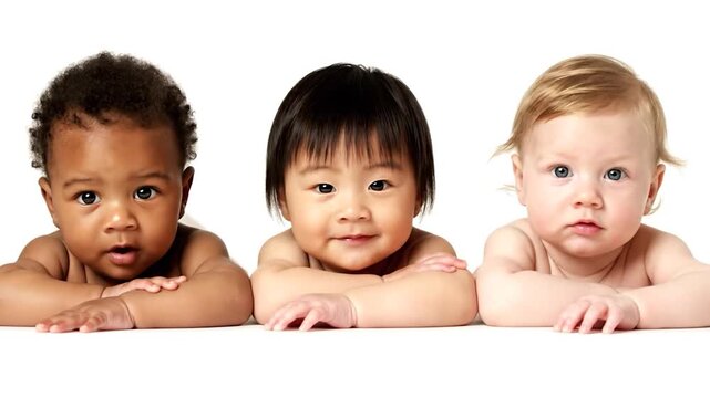 Three babies of diverse ethnicities lie with arms crossed, gazing forward on a white background