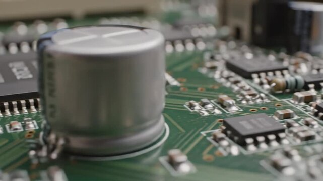 Close-up of a printed circuit board with an electrolytic capacitor, chip, and other components