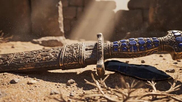 Ornate ancient dagger with jeweled scabbard on dusty desert ground