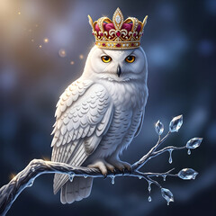 A majestic snowy owl adorned with a golden crown perched on a branch