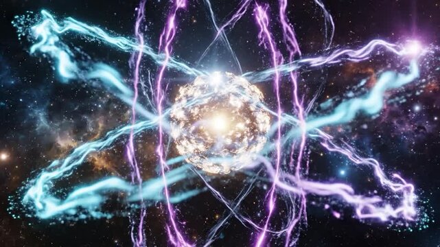 Vibrant glowing energy particles orbit a central core in deep space