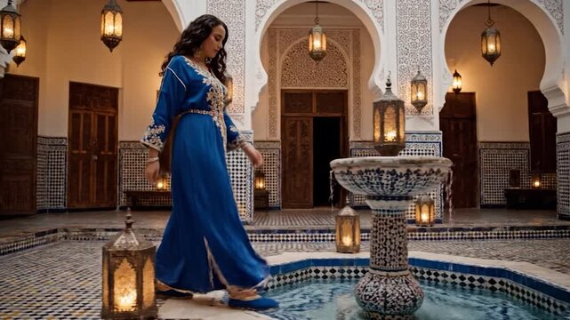 Woman in Traditional Blue Dress in Moroccan Courtyard with Lanterns.
