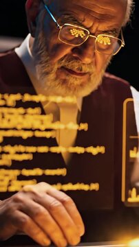 Elderly white man using illuminated console, careful programmer sifting through paper archive while warm golden code overlays reflect in glasses hands resting on tactile pad, stacks