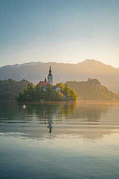 Sunrise view of the Lake bled in Slovenia, Spring time.