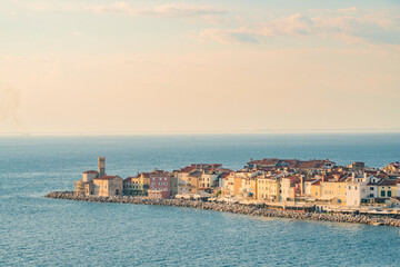 Naklejka premium Sunset view of the old town in Piran, Slovenia.