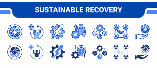 Sustainable Recovery Icon Collection,  featuring Sustainability, Recovery, Optimization, Productivity, Resource Allocation, Community, Ecology.