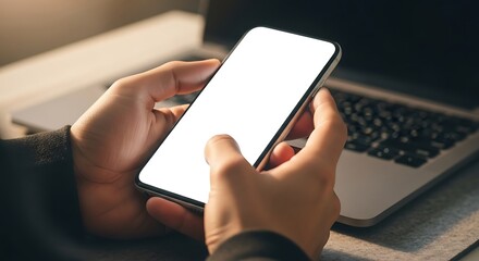 Person using a smartphone while sitting near an open laptop on a desk