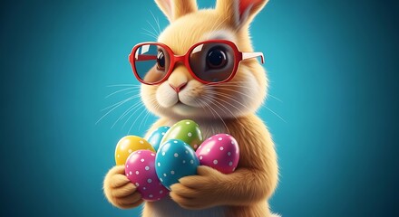 Obraz premium Cute bunny holding colorful Easter eggs with sunglasses in studio blue background