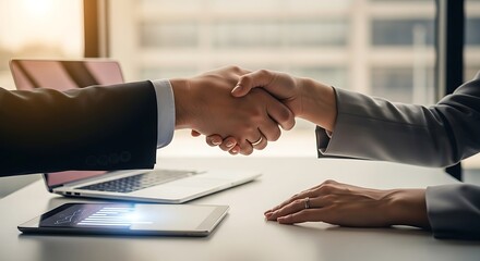 Two professionals shaking hands over a business agreement on a conference table