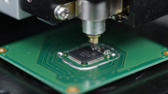 Close-up view of robotic arm assembling microelectronic chip on circuit board with precision tools in industrial setting