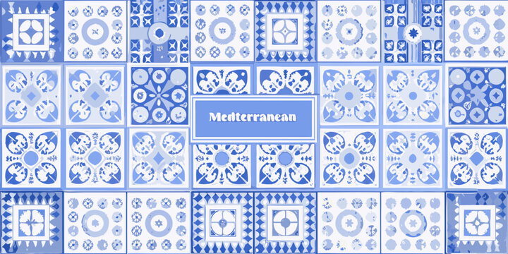 A repeating pattern of blue and white decorative ceramic tiles