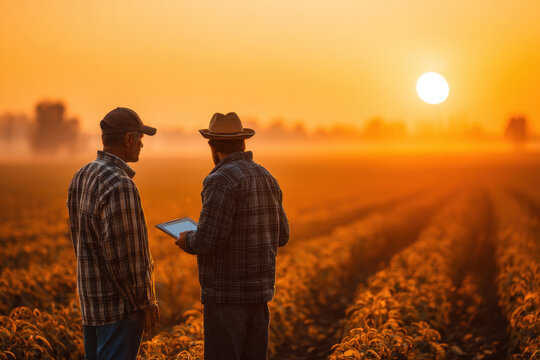 Farmers Discuss Crops While Standing in a Field During Sunset Near Their Farm in the Evening Light