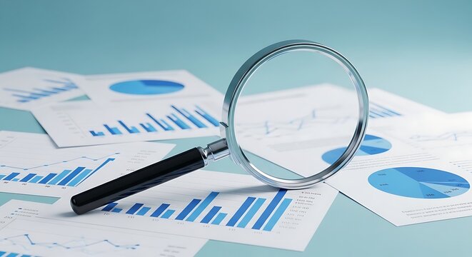 Magnifying glass analyzing financial charts and data for business growth and investment analysis