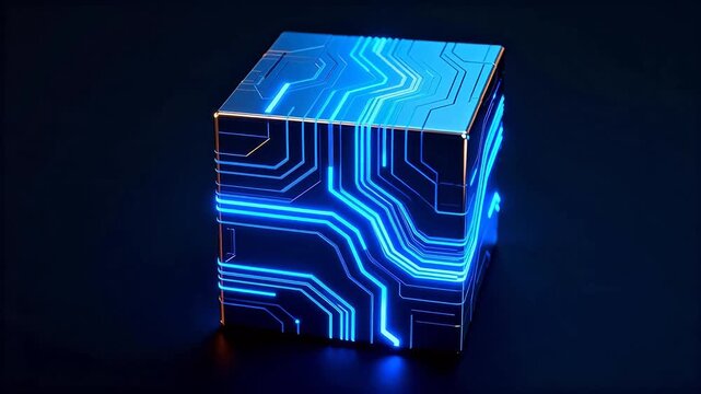 Cube with glowing blue circuit patterns