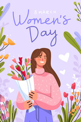 8 March womens day smiling woman holding flowers bouquet surrounded by floral elements pastel colors decorative background greeting card