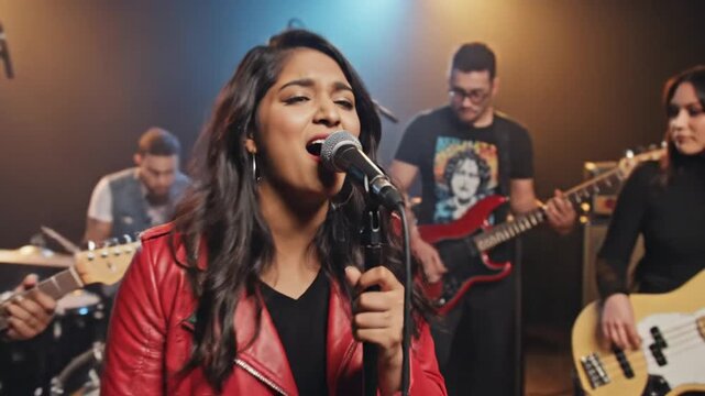 A band is performing on stage. A female vocalist in a red jacket sings into a mic