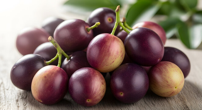 Group of fresh java plum fruits on a wooden surface with green leaves