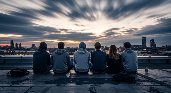 Six people seen from behind sitting on a concrete ledge looking at the urban skyline during a cloudy evening