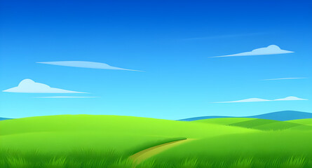 Obraz premium landscape, nature, field, grass, green, meadow, pasture, plain, countryside, rural, outdoor, scenery, horizon, farmland, sky, blue, clouds, cloudscape, daylight, sunlight, sunny, bright, fresh, calm, 