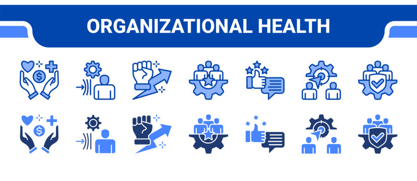 Organizational Health Icon Collection,  featuring Wellbeing, Resilience, Motivation, Engagement, Satisfaction, Purpose, Integrity.
