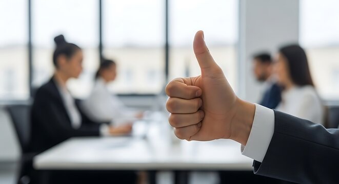 Hand, thumbs up and business person show support, thank you and excellence for success in office closeup. Like, gesture and sign for feedback, review and vote winner with yes emoji or agreement