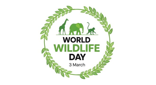 World wildlife day logo with green leafy wreath and animal silhouettes