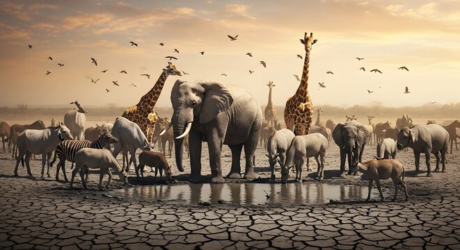 Drought stricken savannah scene with giraffes and various wildlife