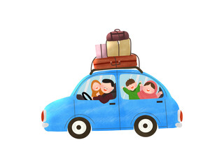 Fototapeta premium Family Embarks on Road Trip in Blue Car Packed with Luggage and Excitement