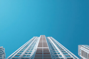 Obraz premium Urban High-Rise Building Reaching Towards the Blue Sky With Sharp Lines and Minimal Design Against a Clear Backdrop in Daylight