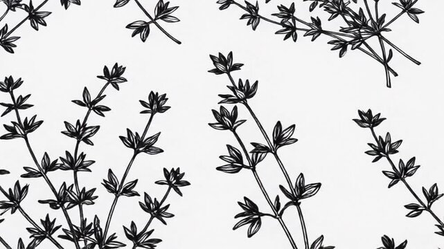 Black and white illustration of botanical sprigs with leaf clusters, randomly arranged