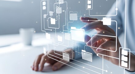 Person interacting with futuristic digital interface and network connections