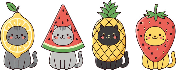 Cute kawaii cat vector set with adorable kittens dressed as lemon, watermelon, pineapple, and strawberry for kids illustrations, stickers, and fun designs