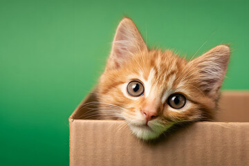 Cute orange kitten peeking from cardboard box on green background during bright light