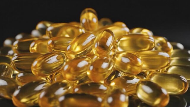 A close-up view of numerous golden translucent gel capsules piled together on