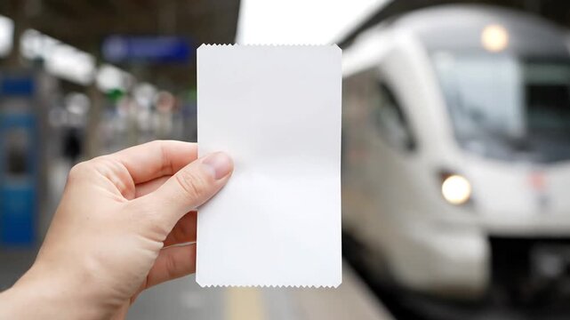 A hand holds a blank ticket against a blurry background of a train station platform