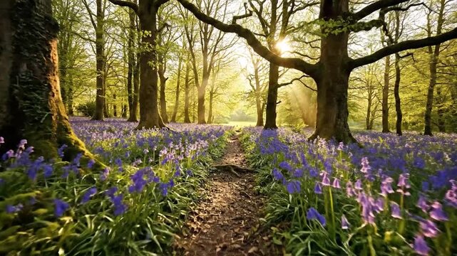 Forest path winding through a vibrant bluebell wood with sunbeams