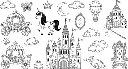 Fairy tale black line vector set with princess castle, unicorn, carriage, crowns, clouds, and magical fantasy elements for coloring pages and storybook designs © Jahangir
