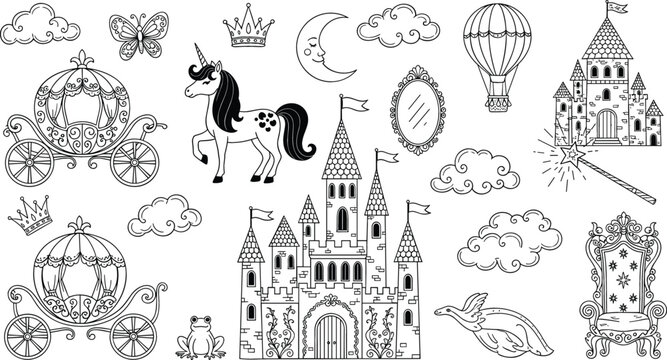Fairy tale black line vector set with princess castle, unicorn, carriage, crowns, clouds, and magical fantasy elements for coloring pages and storybook designs