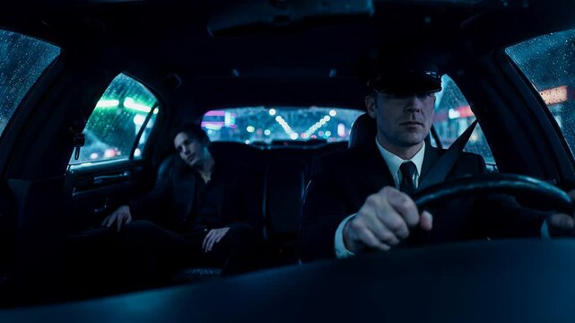 Chauffeur driving luxury limousine with passenger in the back seat, who wakes up and talks
