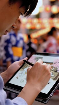 Digital artist creating detailed artwork under colorful festival lighting conditions. Skilled illustrator sketches on tablet as festive lights shine brightly around bustling crowd