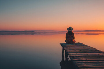Woman Sitting on Wooden Dock Watching Sunset Over Still Water With Mountains in Distance