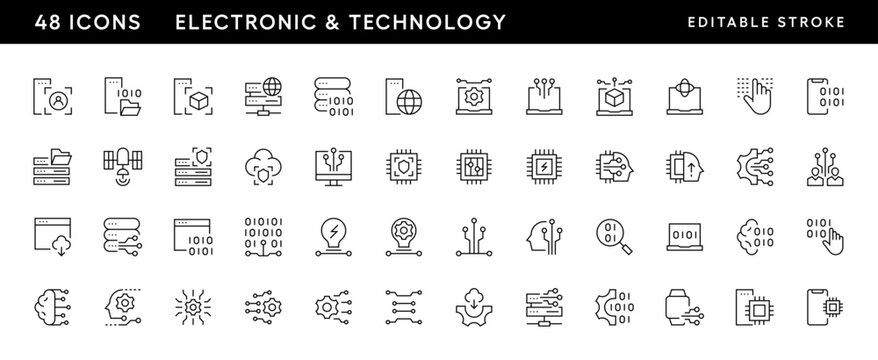 Technology icon collection. Information technology, automation, machine learning, data center, satellite and more. Editable stroke. Pixel Perfect. Grid base 32 x 32.