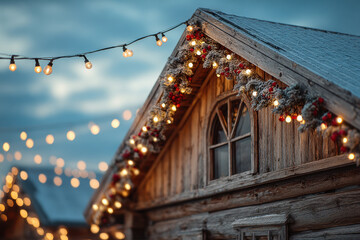 Wooden House Roof Decorated With Festive Lights During the Holiday Season at Twilight