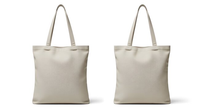 Premium fashion mockup of a tote bag canvas, front and back view side by side, completely blank surface