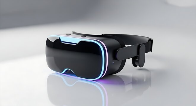 A sleek black virtual reality headset with blue accents on a reflective surface.