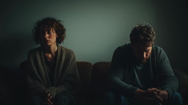 Couple sitting together after receiving difficult news, holding hands in silence, emotional resilience, subdued lighting, realistic editorial