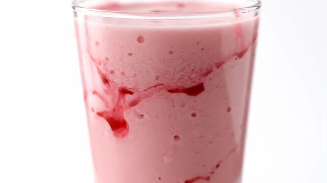 Extreme close-up of a creamy pink strawberry milkshake or smoothie in a glass, featuring vibrant red syrup swirls and bubbly texture against a clean white background.